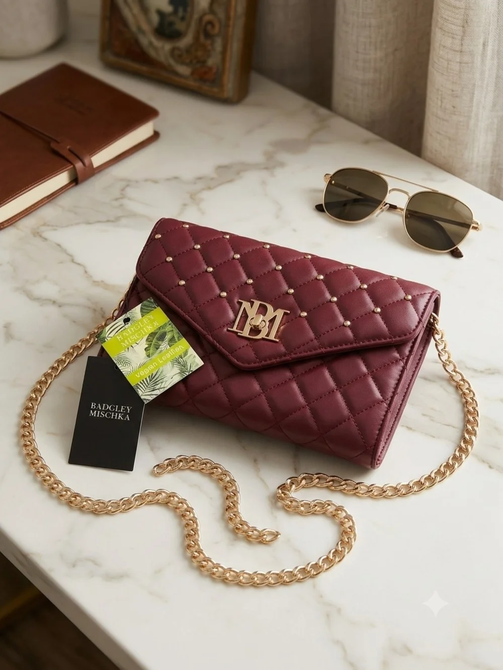 Badgley Mischka Quilted Burgundy Chain Shoulder Bag